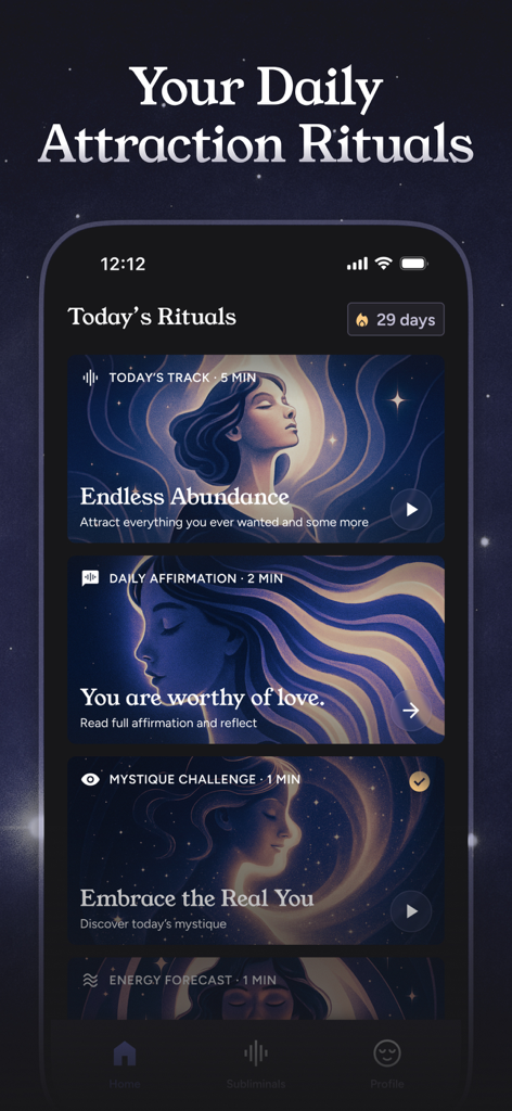 Fate – Subliminals - Interfaz de la aplicación Fate Subliminals mostrando rituales diarios de atracción y pistas de manifestación con ilustraciones estéticas.