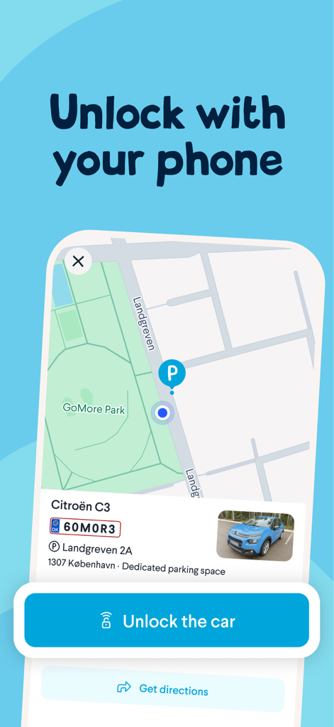 GoMore | Car rental - GoMore app screen showing a map with a car location and a button to unlock the vehicle with a smartphone