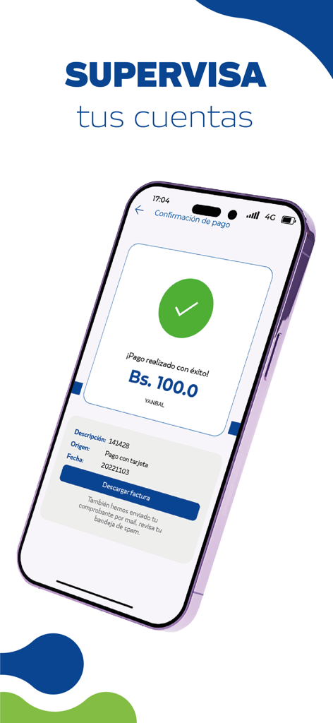 Mis Cuentas Bolivia - Schermata dell'app mobile che mostra una conferma di pagamento riuscito di 100 boliviani con un pulsante per scaricare la fattura