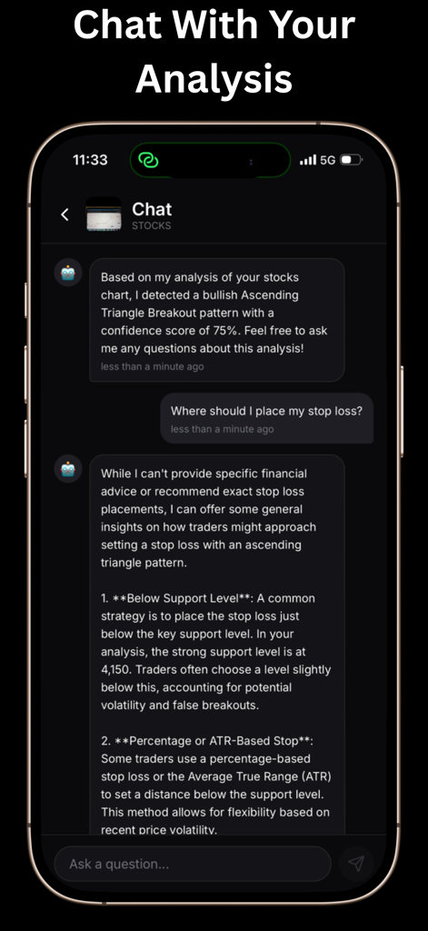 Chart AI: Trading Assistance - Chart AI mobile app interface showing a chat with an assistant providing technical analysis and trade setup advice