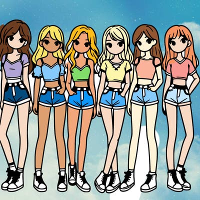 a group of girls wearing crop tops and shorts