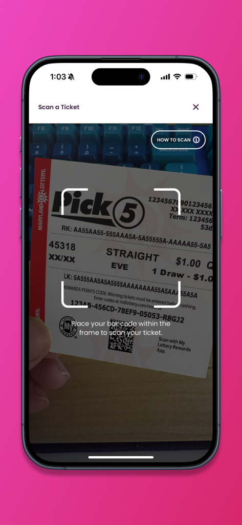 MD Lottery - Interface of the MD Lottery mobile app showing a user scanning a physical Pick 5 lottery ticket using an iPhone camera.