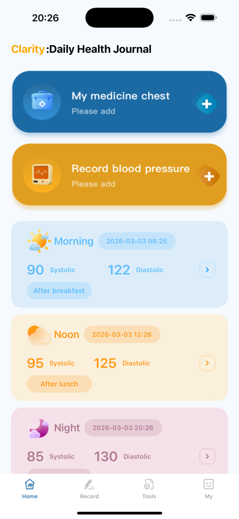 Clarity:Daily Health Journal - Home dashboard of Clarity Daily Health Journal showing blood pressure logs for morning, noon, and night
