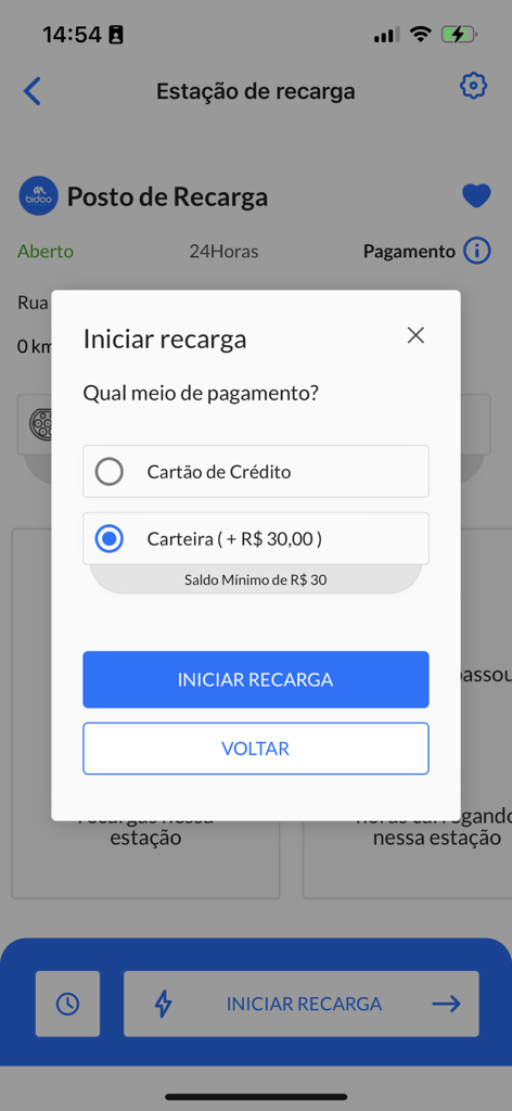 Bidoo - Selection of credit card or wallet payment method in the Bidoo EV charging app