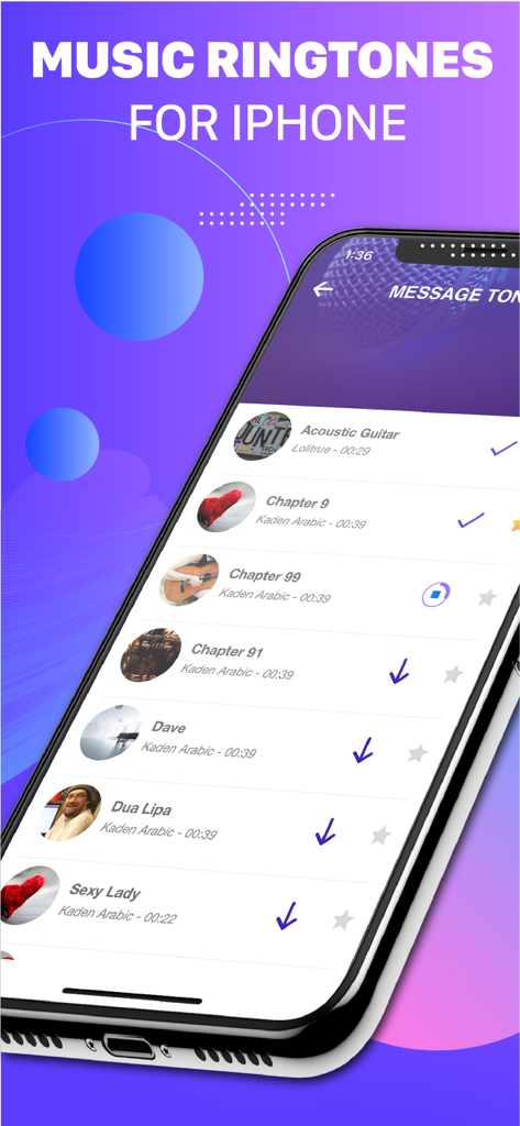 Smartphone interface displaying a list of music tracks available for custom iPhone ringtones