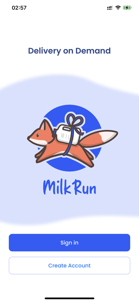 MilkRun - Tela de boas-vindas do aplicativo MilkRun com o logotipo da raposa e botões de login