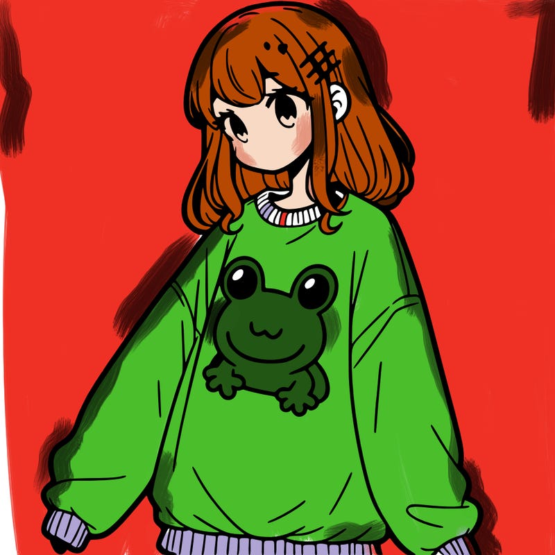 girl wearing frogging sweatshirt