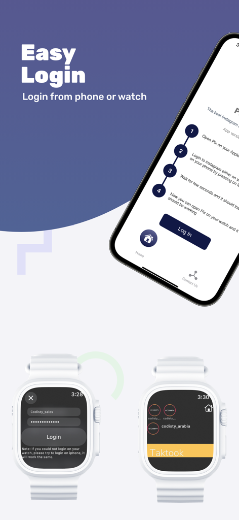 Pix For Watch - Processo di login di Pix For Watch mostrato sugli schermi di iPhone e Apple Watch