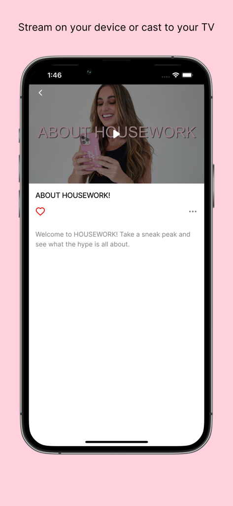 Smartphone showing the introduction video for the Housework fitness app by Sydney Miller.