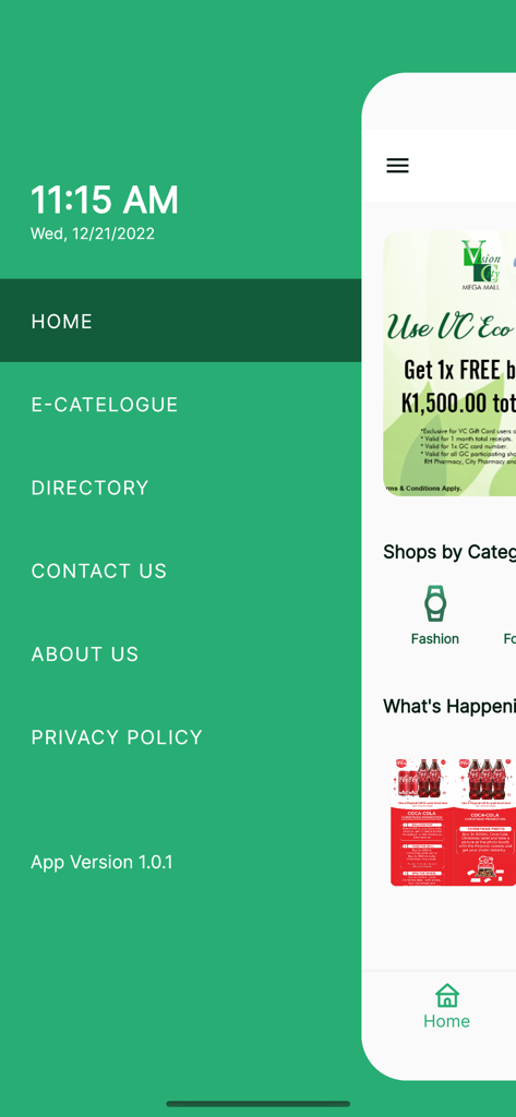 VCGC - Side navigation menu of the Vision City Gift Card app showing options for directory, e-catalogue, and contact information.