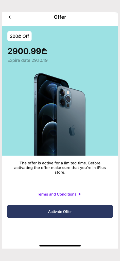 Pantalla de oferta de descuento de iPhone de la aplicación iPlus Georgia