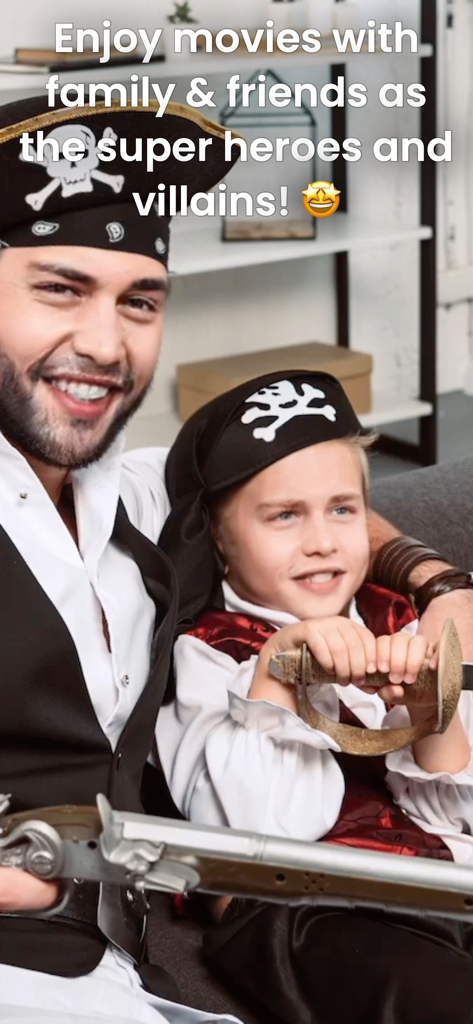 Real Deep: Real Time Face Swap - Un hombre y un niño vestidos de piratas demostrando intercambios de rostros de personajes de películas con la familia