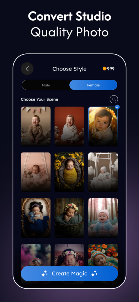 AI Photo Factory app interface showing various studio quality baby photo scenes for AI generation