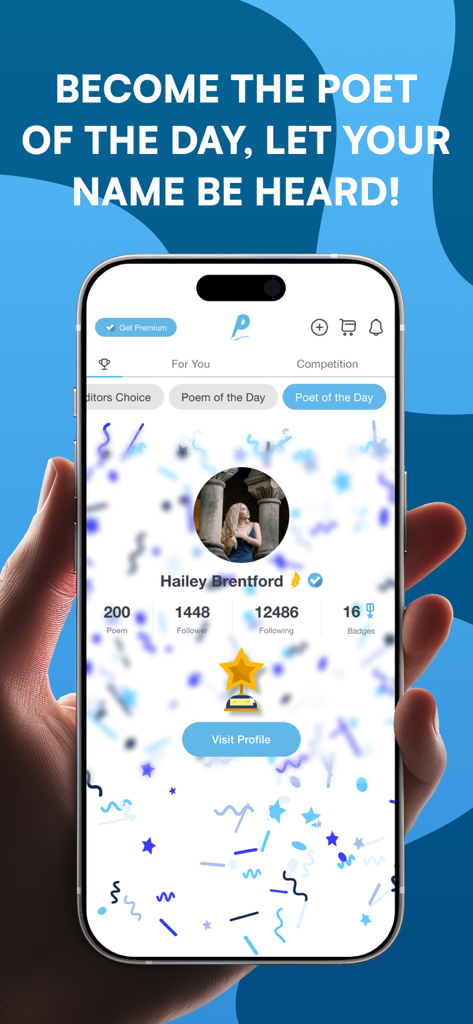 Smartphone showing the Poemia app Poet of the Day feature with a user profile and celebratory confetti.