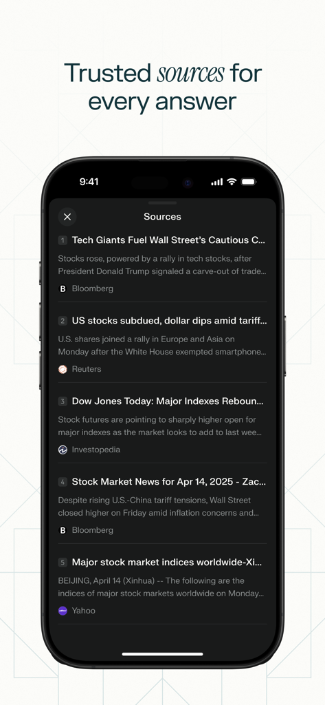 A smartphone screen displaying the Perplexity AI app with a list of trusted news sources and citations like Bloomberg and Reuters for a search result.