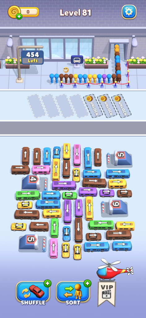 Bus Mania - Car Parking Jam - Un nivel de puzzle de atasco de coches coloridos en Bus Mania que muestra varios vehículos y una cola de pasajeros.