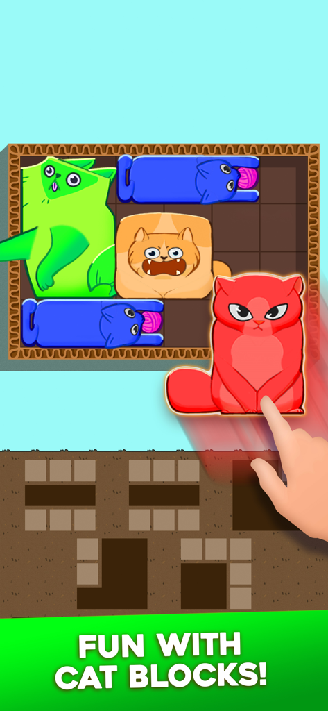 Puzzle Cats· - A hand dragging a red cat-shaped block into a logic puzzle grid in the Puzzle Cats mobile game