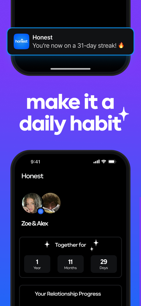 Honest: Couples & Relationship - Honest app interface showing a 31-day streak notification and a relationship milestone counter for a couple.