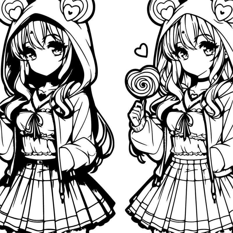 pretty anime girl wearing a expensive hoodie with heart ears on the hood a skirt and a candy heart in her hand