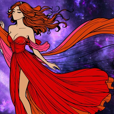 realistic woman in dress flowing the the wind