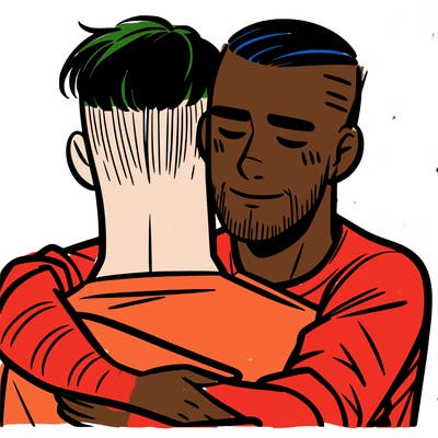 a man with a buzz cut hugging another man with short hair