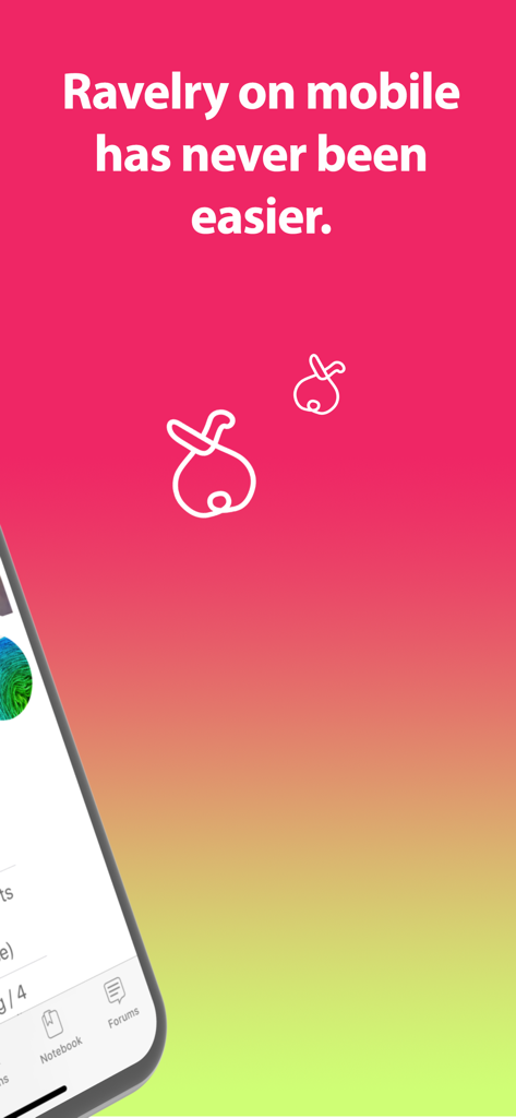 Ravit app intro screen with text Ravelry on mobile has never been easier and yarn bag illustrations