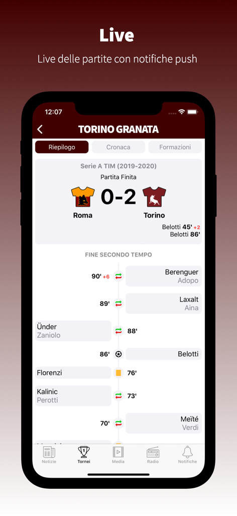 TorinoGranata.it - Riepilogo live della partita dell'app TorinoGranata che mostra il punteggio finale Roma contro Torino
