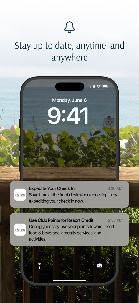 iPhone lock screen showing Vistana app notifications for expedited check-in and club points for resort credit