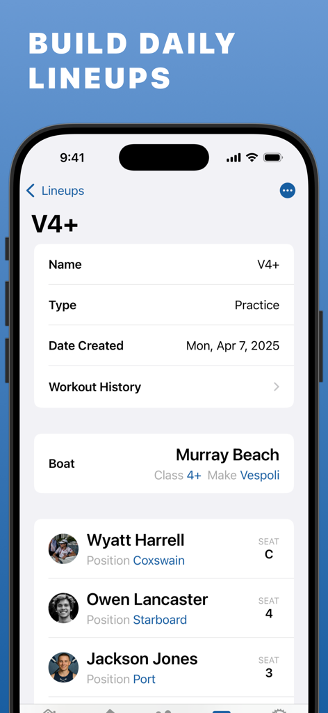 Mobile app interface showing a rowing team lineup with boat and roster details
