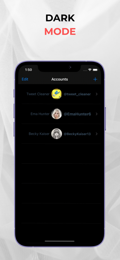 Tweet Cleaning - Delete Tweets - Tweet Cleaning app interface showing multiple accounts in dark mode