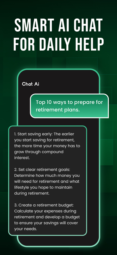 Uma tela de smartphone mostrando o aplicativo Pergunte-me Qualquer Coisa fornecendo conselhos de planejamento de aposentadoria em uma interface de chat