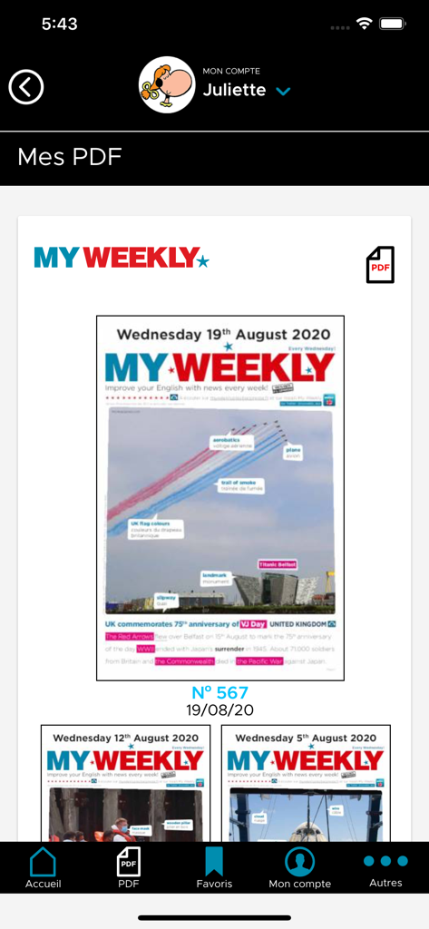 Eine Liste von digitalen Ausgaben der My Weekly Zeitung in der PDF-Bibliothek der App