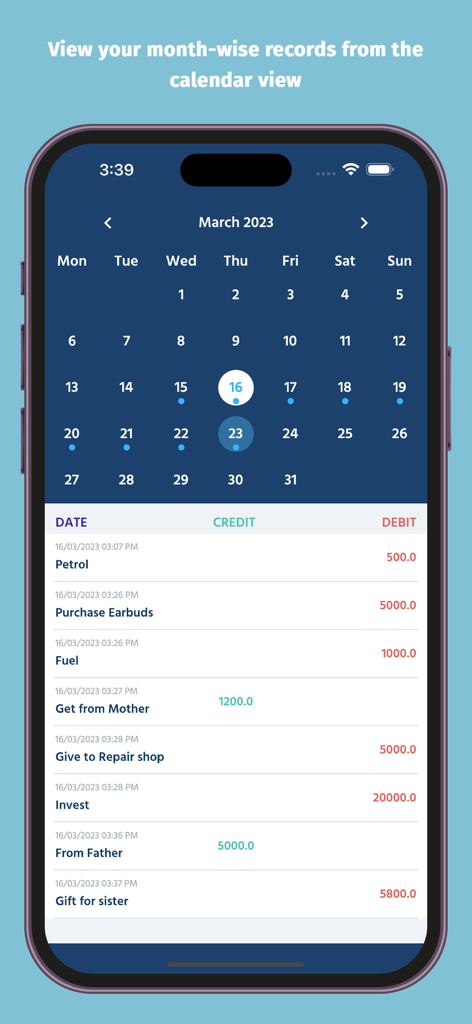 Tela de smartphone mostrando a visualização de calendário do aplicativo Diário de Caixa Digital com uma lista de transações de débito e crédito.