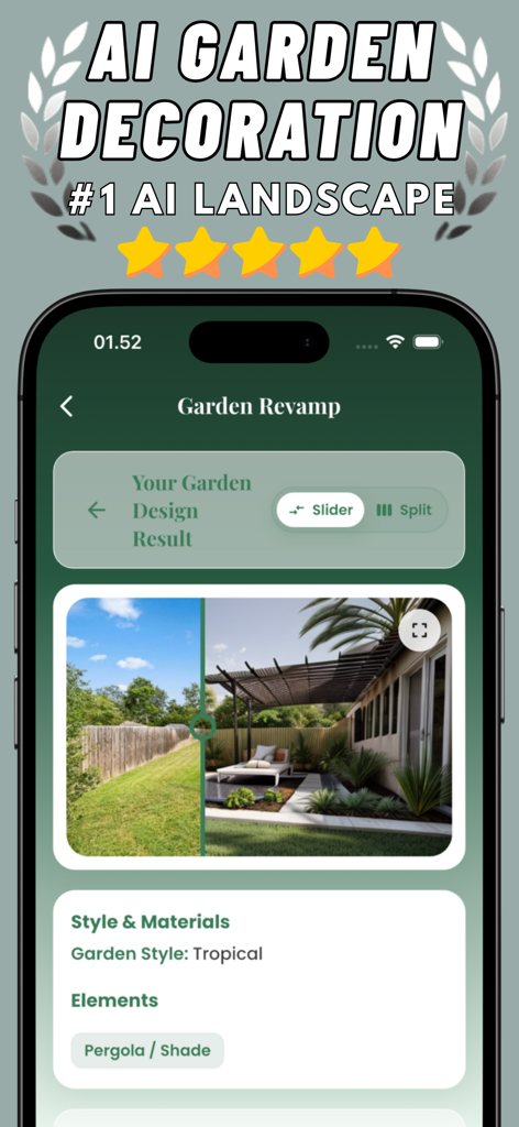 AI Garden Decoration Landscape - AI Garden Decoration app interface showing a before and after landscape transformation with a tropical style garden