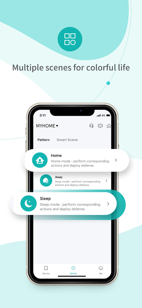 iCSee Home - iCSee Home app interface displaying smart scene selection for Home, Away, and Sleep modes.