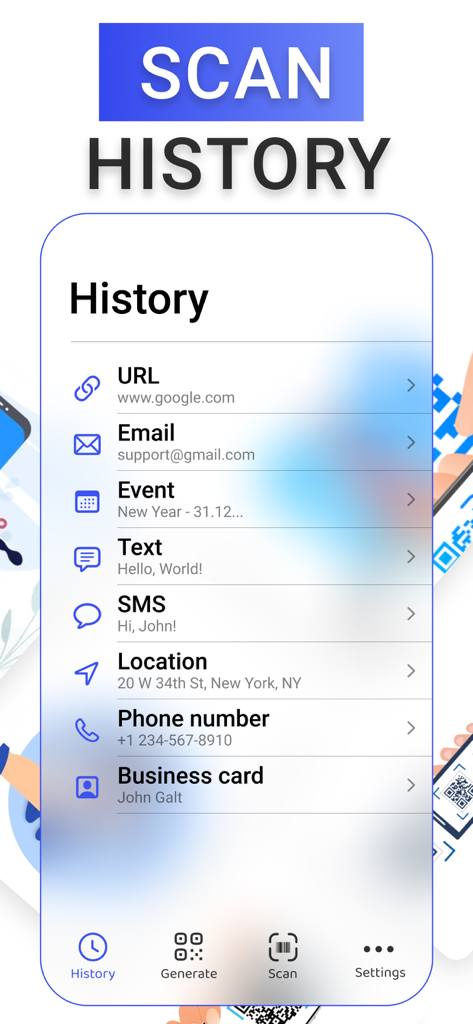 QR Code Reader・Barcode Scanner - History page showing previous QR and barcode scans