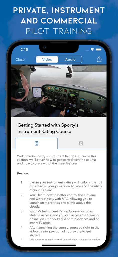 A mobile screen from Sporty's Pilot Training app showing a video introduction to the Instrument Rating Course with a pilot in a cockpit.