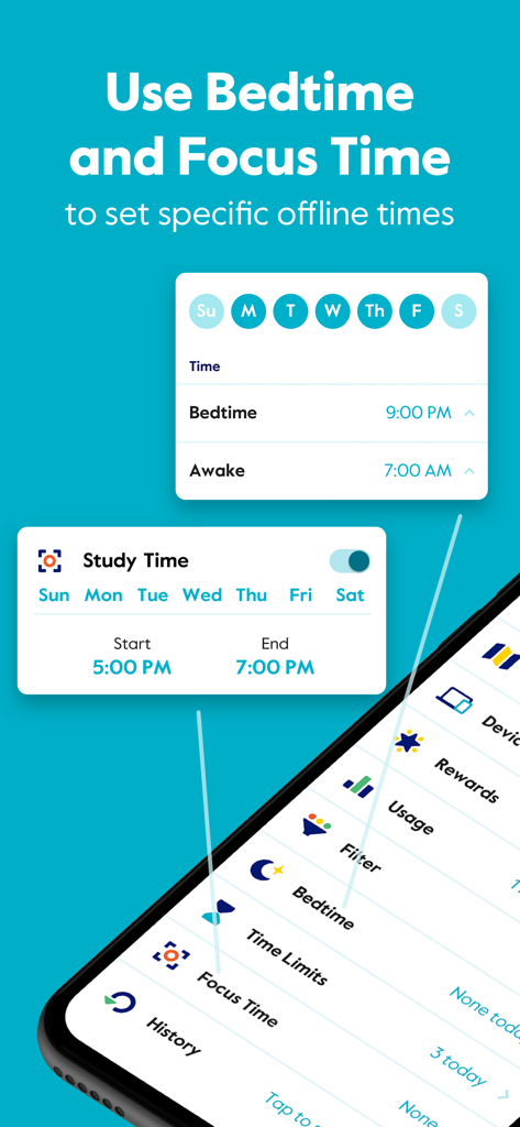 Circleアプリのインターフェース。子供向けの特定のオフライン期間を設定するための就寝時間とフォーカス時間（集中時間）をスケジュールする方法が表示されています。