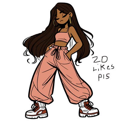 girl in baggy pants crop top and long hair