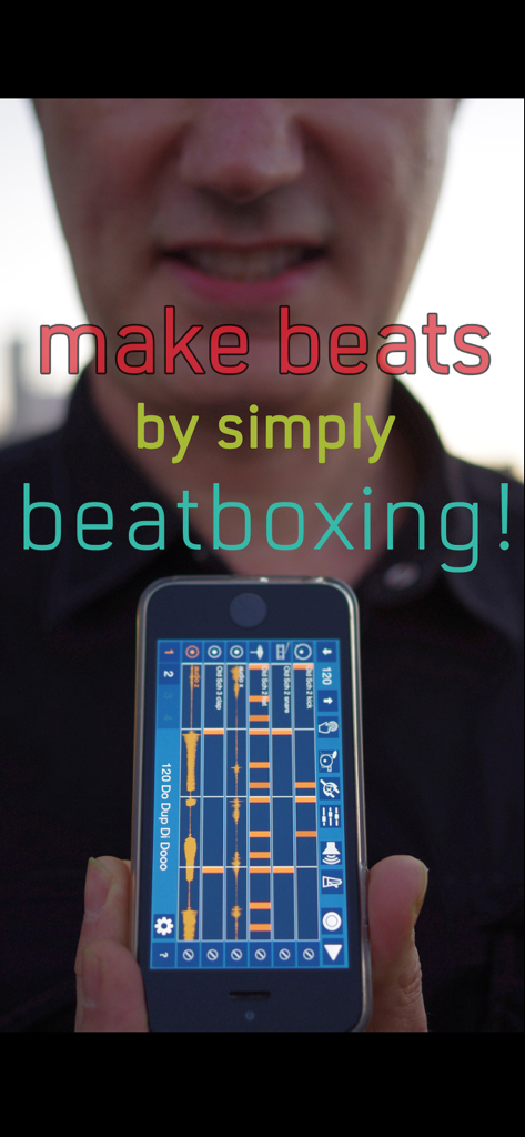 VoxBeat drums and looper - Smartphone displaying the VoxBeat app interface for creating beats through beatboxing.