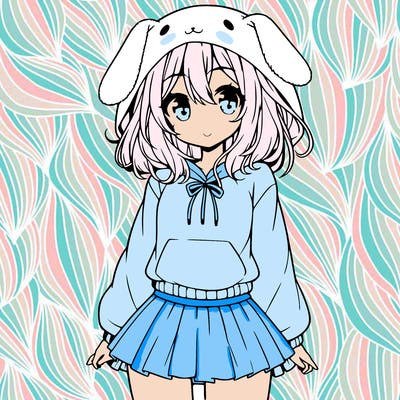 pretty anime girl wearing a fluffy hoodie with bunny ears on the hood and a skirt