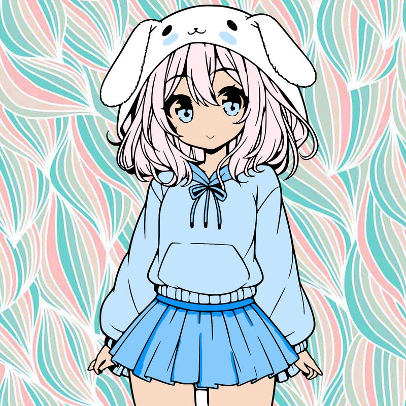 pretty anime girl wearing a fluffy hoodie with bunny ears on the hood and a skirt