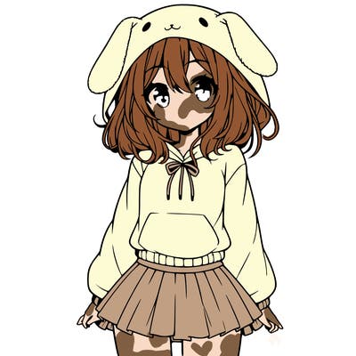 pretty anime girl wearing a fluffy hoodie with bunny ears on the hood and a skirt