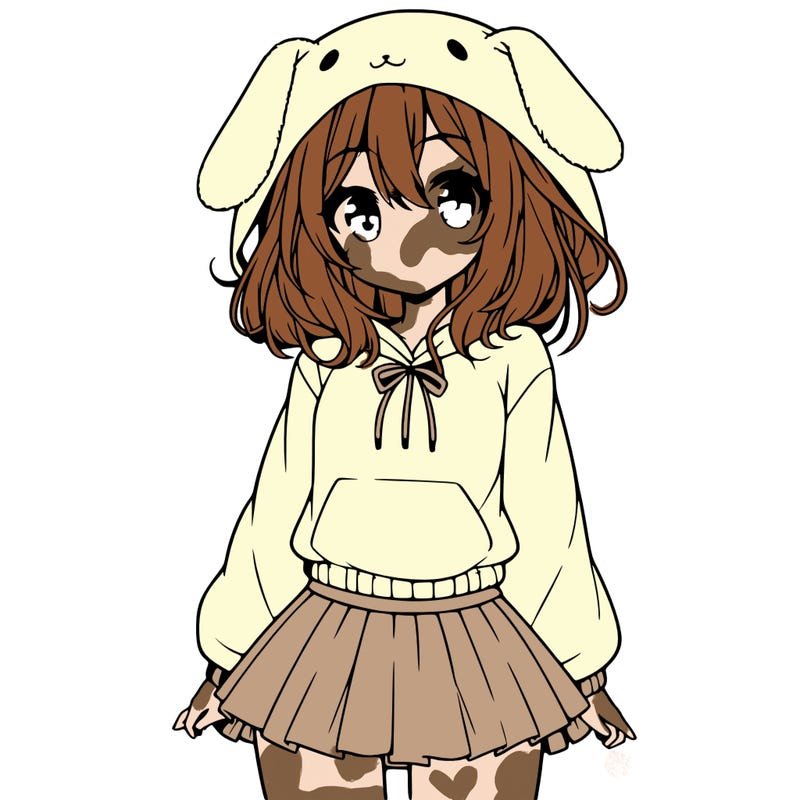 pretty anime girl wearing a fluffy hoodie with bunny ears on the hood and a skirt