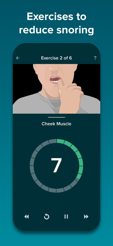 SnoreGym App-Oberfläche zeigt eine Anleitungsanimation für eine Wangenmuskelübung mit Countdown-Timer