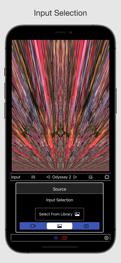 VideoSynth - Interface of the VideoSynth app showing the source input selection menu over a colorful abstract slit-scan visual effect
