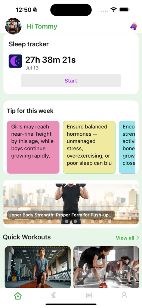 KidWorkout 360 Grow Faster - Painel do aplicativo KidWorkout 360 mostrando acompanhamento de sono e dicas de fitness para adolescentes