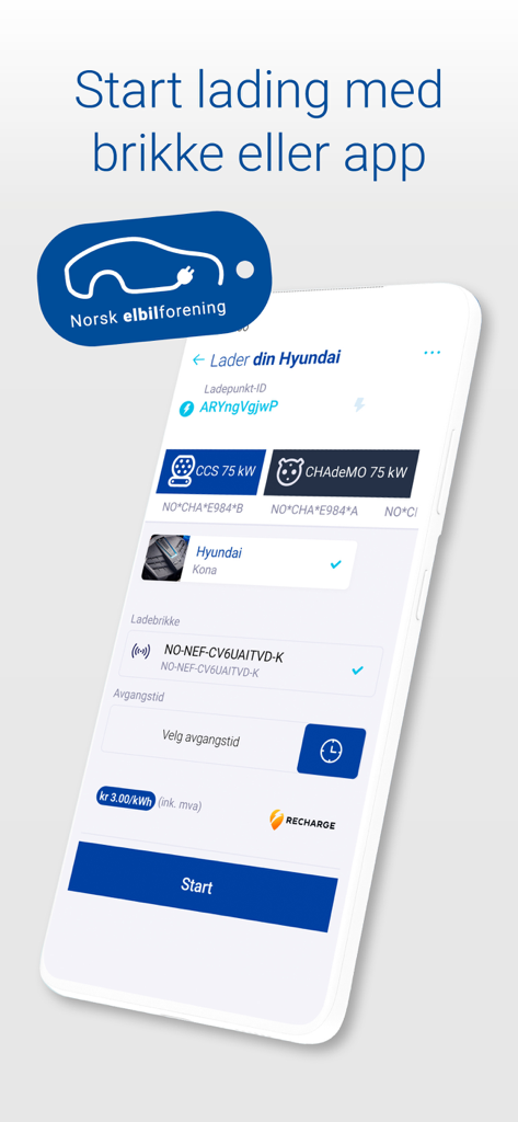 Screenshot der Elbilappen Mobile-App, die Optionen für das Laden von Elektrofahrzeugen und Details zu Ladestationen für ein Hyundai-Fahrzeug anzeigt.