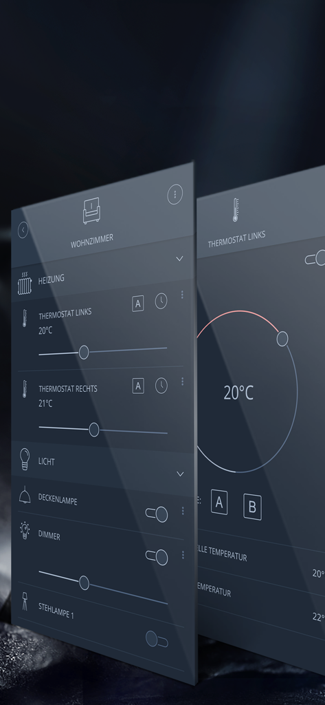 mediola IQONTROL NEO - Mediola IQONTROL NEO app interface showing living room lighting and heating controls