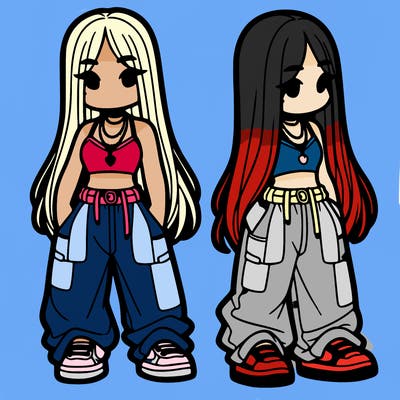 girl in baggy pants crop top and long hair